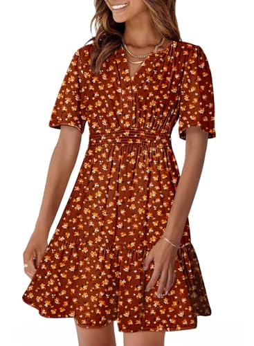 Image of Dokotoo Womens Summer Dresses 2026 Boho Floral Short Sleeve V Neck Smocked Waist Casual A-Line Swing Mini Dress Sundress