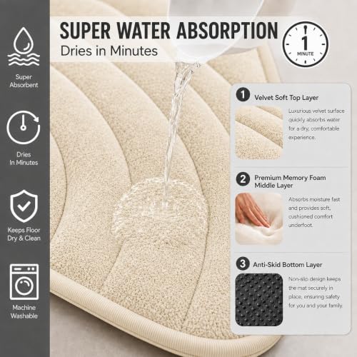 Image of Premium Memory Foam Bath Mat | 40x60cm Super Absorbent Velvet Bathroom Rug | Non-Slip Machine Washable Floor Mat (Vanilla Cream)