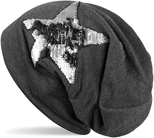 styleBREAKER Beanie Mütze mit Wendepailletten Stern Applikation, Slouch Longbeanie, Damen 04024141, Farbe:Dunkelgrau meliert