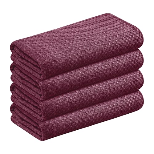 Image of Burgundy Kitchen Towels - Waffle Weave, 100% Cotton, Soft & Absorbent, Fast Dry, Durable, 16x26 Inches, Perfect for Dish Drying, Bar, Cleaning, Hand Wipe and Everyday Use, Set of 4