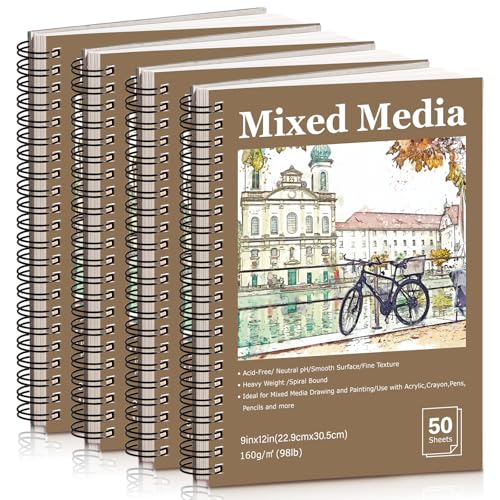 4 Pack Mixed Media Sketchbook 9x12 inches Drawing Paper Sketch Book 98lb/160gsm Heavyweight Spiral Bound Sketch Pads Suitable for Arist Drawing Painting Sketching(200 Sheets)