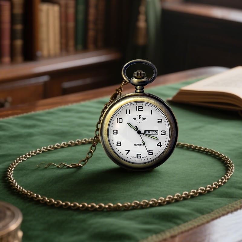 Image of BOSHIYA Smooth Quartz Pocket Watches for Men Classic Arabic Digital Luminous Dial & Day Date Pocket Watch with Chain Christmas Graduation Birthday Gifts