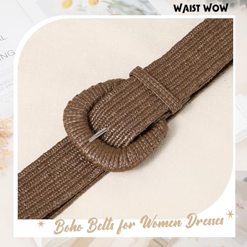 Image of Straw Woven Elastic Belt for Women Stretchy Belts for Dress Fashion Boho Waist Belt Rattan Raffia Ladies Belts