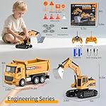 Remote Control Excavator and Dump Truck Toy Set - RC Construction Vehicles Toy with Barricades, Road Signs, Simulated Rocks, Lights and Sounds, Present for Toddlers 3-12 Year Boys Girls - Image 2