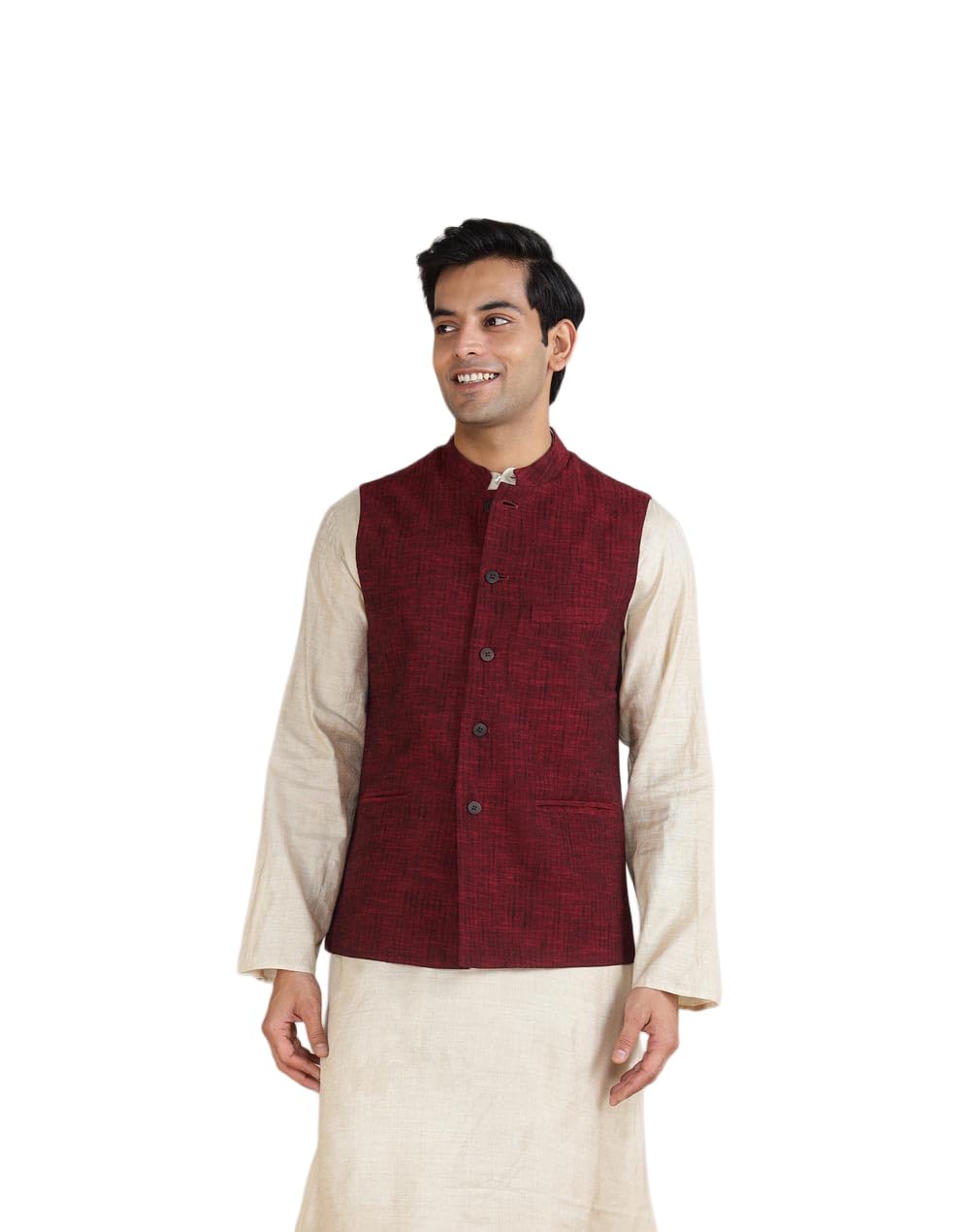 fabindia Red Cotton Dobby Slim Fit Nehru Jacket-picture-22