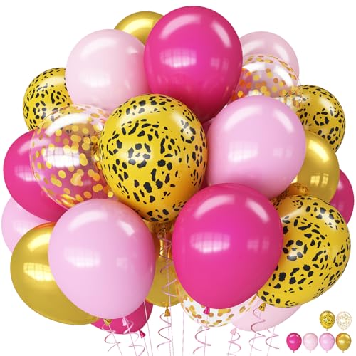 Image of Hot Pink Cheetah Balloons, 60Pcs 12Inch Light Pink Metallic Gold & Leopard Print Balloons with Confetti Latex Balloon for Girl Women Birthday Bachelorette Baby Shower Safari Animal Theme Party Decor