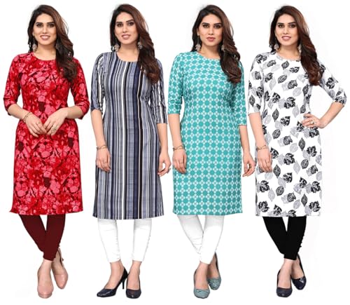 Image of JAKHANA Women's Crepe Printed Casual Straight Calf Length Round Nick Kurta Pack of 4
