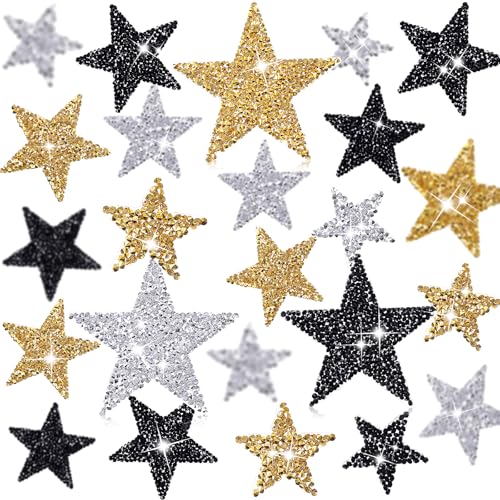 Syhood 24 Pcs Star Patches Iron, 1.57/2.36/3.15 Inch, Black, Gold, Silver