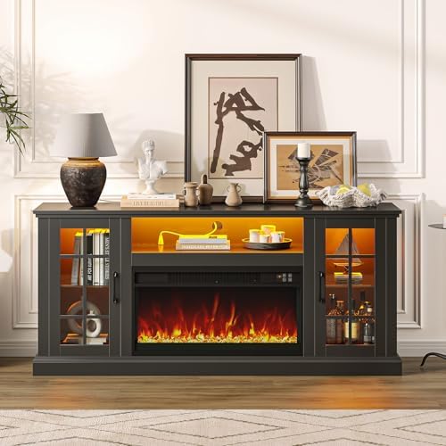 Rolanstar Fireplace TV Stand with Led and Power Outlets, Black Entertainment Center with 26" Electric Fireplace for 45/50/55/60/65 inch TVs, Modern TV Console with Storage Cabinet for Living Room - Thumbnail 2