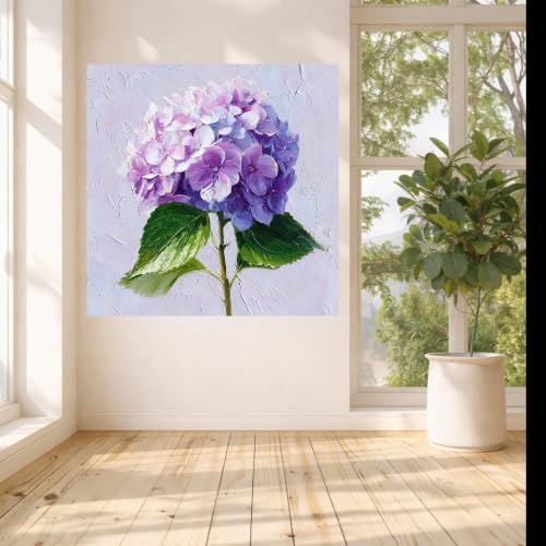 Hortensia violette sur toile pour masquer mur vide tableau 70x70