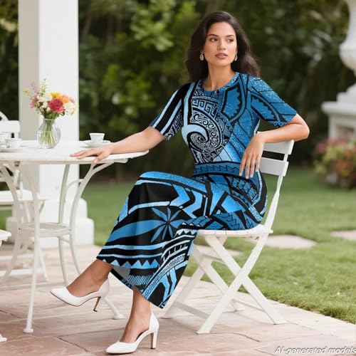 Image of Polynesian Dress for Women Short Sleeve High Waist Maxi Skirt | Puletasi dress, t-shirt and skirt two-piece, elastic material, lightweight, soft, plus size, luau party, wedding, clubwear