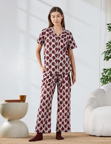Image of Amazon Brand - Myx Women Cotton Shirt and Relaxed Pajama Set | Night Suit Set (Available in Plus Sizes)