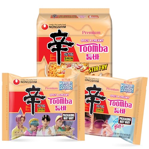 Nongshim Shin Ramyun Toomba Noodles, Creamy Korean Mac and Cheese Style Noodles, Gentle Kick of Spice, Korean Stir Fry Style Instant Noodles, 4.83 oz (Pack of 4), Packaging May Vary.