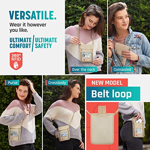 alpha keeper neck wallet travel pouch for passport holder and documents rfid blocking beige unisex adult travelers adults