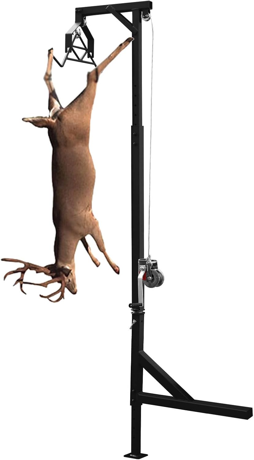 Truck Hitch Game Hoist Complete Kit,360-Degree Swivel Hitch Mounted Deer Hoist,600 lbs Load Capacity,Height Adjustable Winch Lift Gambrel Set with Support Stand Foot for Hanging Hunting Game