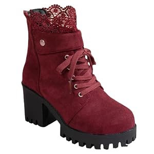 Womens ankle boots with thick heels and round toes in a large size decorated with lace trim suitable