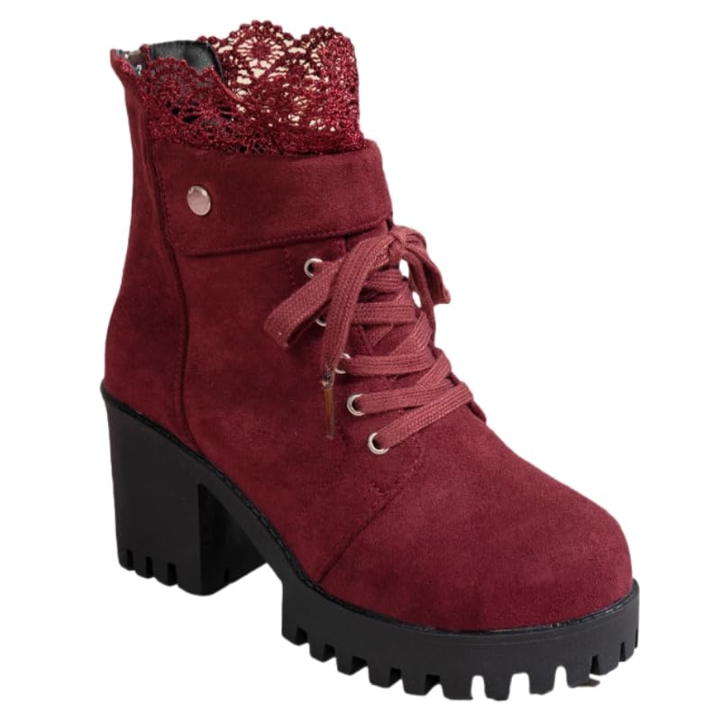 Womens ankle boots with thick heels and round toes in a large size decorated with lace trim suitable