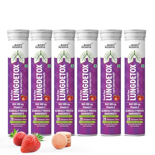 Image of The Body Reserve Lung Detox 120 Effervescent Tablets With N-Acetylcysteine 600mg and Vitamin C | Cleaner Lungs Detoxification and Immune Defence Strawberry Flavour (Pack Of 6)