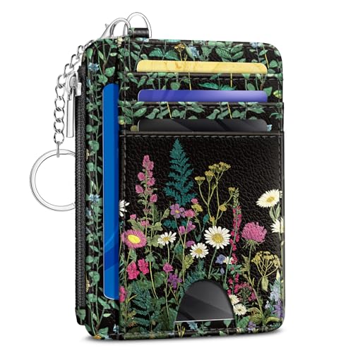 Image of Kelvoris Wildflower Credit Card Holder Small Wallet Women Flowers Slim RFID | Keychain, Zipper Coin Pocket, Front Pocket Thin Travel Card Case, Minimalist, 6 Card Slots, 1 ID Window, Ladies Gifts Woman