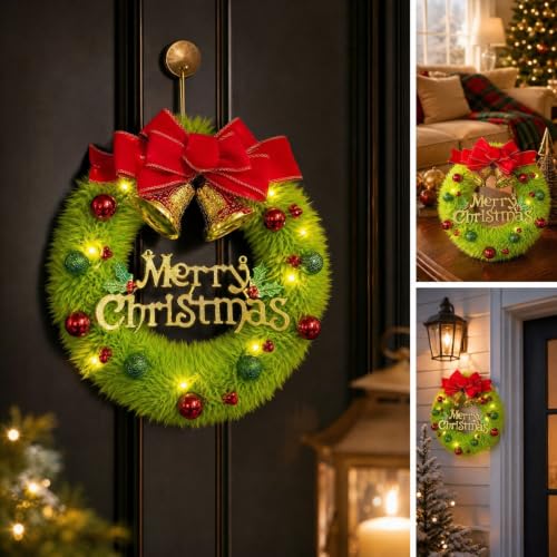 Green Christmas Wreath with Led Lights Farmhouse Fall Wreath for Front Door - image 5