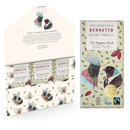 70% Organic Dark Rich plain dark chocolate with 70% cocoa. Certified organic Fairtrade and net climate positive. Beautiful gifts for everyone. 3x 80g Full Size Bars.