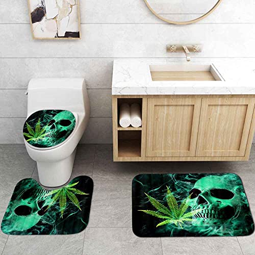 Olebety 4Pcs Skull Shower Curtain Sets With Rugs, Green Marijuana Cannabis Weed Leaf Smoke Gothic Halloween Skeleton Bathroom Decor Waterproof Fabric Shower Curtain Stoner Room Decor For Men Teen Boys #TOP4