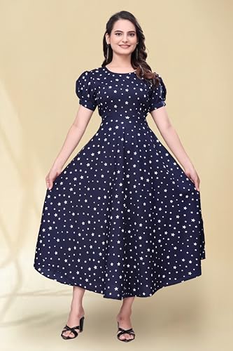 Image of Women's A-Line Crepe Maxi Dress | Stylish Fit and Flare Dress with Round Neck Short Puff Sleeves for Casual Wear