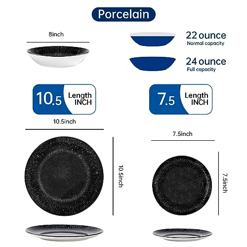 Image of Bestone 12-Piece Round Porcelain Dinnerware Set, Service for 4, Chip Resistant Plates and Bowls,Black, Dishwasher & Microwave Safe for Home Daily Use