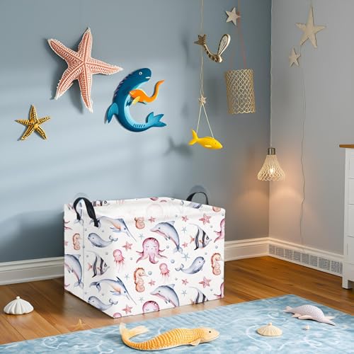 Image of Rectangular Ocean Basket for Kids Baby Basket for Boys and Girls Cute Toy Storage Organizer Bin Box Sea Fishes Room Decor(Sea Fishes)