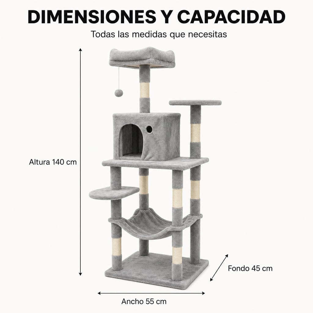 Árbol Rascador Gatos – Torre 4 Niveles con Caseta, Hamaca Cuna, Escalera, Postes Sisal, Juguetes Colgantes, Base 50×35cm, para Gatos Adultos (Gris, 140 cm)