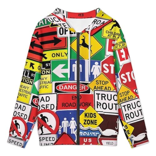 Road Traffic Sign Men's Hoodie Full-zip Hooded Sweatshirt Zip-up Pockets Jackets3