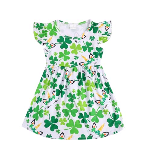 Toddler Girls St. Patricks Day Shamrock Clover Pearl Flutter Sleeve Dress 3-8Y