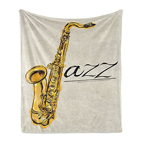 Lunarable Music Throw Blanket, Classic Painting of Jazz Saxophone Print on Plain Background Vintage Style Sketch, Flannel Fleece Accent Piece Soft Couch Cover for Adults, 50" x 60", Yellow Ecru