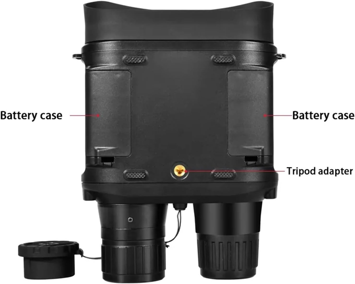 Bottom view of NV400B Night Vision Binoculars with labeled components: Battery case (left), Battery case (right), Tripod adapter.