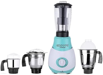 MasterClass Sanyo Riaa 750W Mixer Grinder with 3 Stainless Steel Jars and 1 Juicer Jar (1 Wet Jar, 1 Dry Jar and 1 Chutney Jar), Green-White.Make in India(ISI Certified)