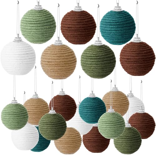 Syhood 18 Pcs Boho Christmas Green and Brown Ball Ornaments 2.36 Neutral Jute Rope Christmas Tree Hanging Ornaments Rustic Knitted Burlap Decoration for Xmas Wreath Decor 6 Colors