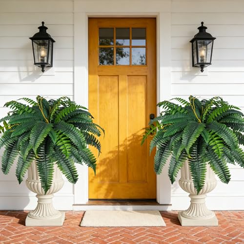 Der Rose 2 Pack 45/60 Leaves Large Fake Ferns UV Resistant Outdoor Artificial Plants Faux Boston Ferns Fake Bushes for Outdoor Planters Porch Patio Garden Hanging Basket Home Decor