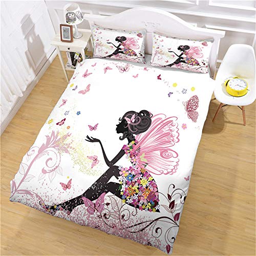 XOYKX 3 Pièces Housse De Couette 140X200Cm Microfibre Fille Papillon Bébé Enfant, Housse De Couette avec Fermeture Éclair, Parure De Lit 1 Personnes + 2 Taie d'oreiller