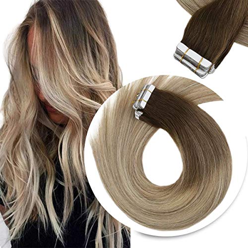 Sunny Tape in Hair 18 inch Remy Hair Extensions Human Hair Tape in Human Skin Weft Tape in Extensions Balayage Dark Brown Ombre to #14 and Platinum Blonde Remy Hair 20 pc/50g