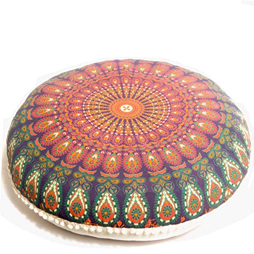 Yoga Decor Floor Cushion Cover - Round Meditation Pillow Case - Hand Printed Organic Cotton Pouf - Mandala Life ART