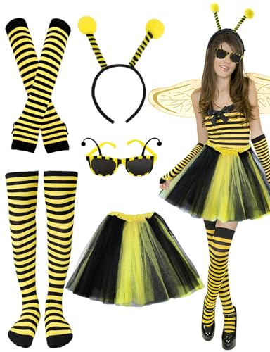 5 Stück Bienenkostüm Erwachsene, Bienen Haarreif Tüll Rock Gestreifte Überkniestrümpfe Lange Handschuhe Faschingskostüme Damen Karneval Verkleidung für Halloween Rollenspiele Party