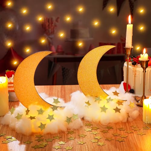 Image of Wonderjune 9 Sets Twinkle Twinkle Little Star Table Centerpieces DIY Moon Stars Baby Shower Decorations Light Star Cloud Decor for Baby Shower Birthday Party DIY Crafts(Glitter Gold)