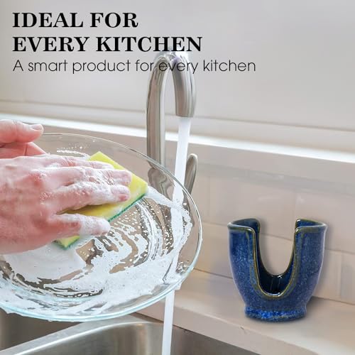 Image of QimacPlus Overseas Sponge Holder Handcrafted Blue U-Shaped Ceramic Sponge Holder for Modern Kitchen Organization and Decor