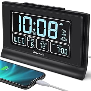 DreamSky Alarm Clocks for Bedrooms with Battery Backup, Auto Set Digital Clock with Date and Day of Week, Temperature, USB Port, Auto DST, Dimmer, 12/24H