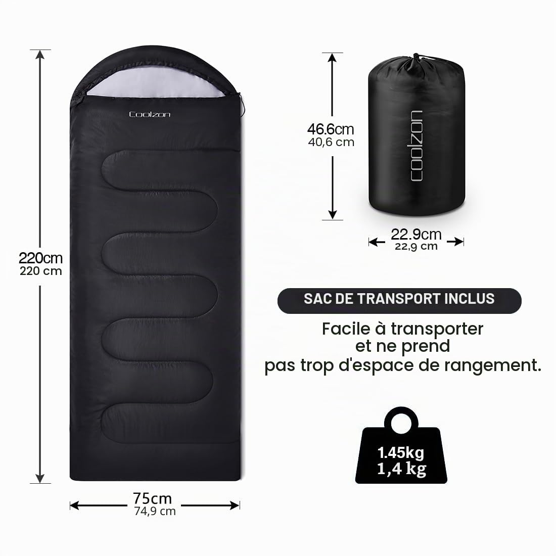 Coolzon Sac de Couchage Camping 3-4 Saisons Adulte Ultra Léger Chaud