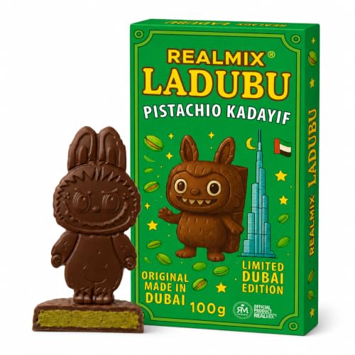 REALMIX LADUBU Chocolate de Dubái Directamente Desde Dubái EAU – Auténtico Chocolate con Leche Dubái con Pistachos y Relleno de Kunafa – Exquisito Chocolate Dubai Original (Chocolate con Leche)