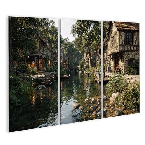 Tableau sur toile de qualité supérieure triptyque village médiéval en pierre