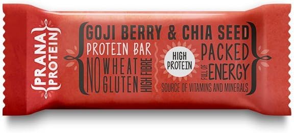 Prana Protein | High Protein High Fibre Wholefood Bars Source Of Vitamins And Minerals 45g - 12 Pack | 20% Protein (Goji Berry and Chia Seed)