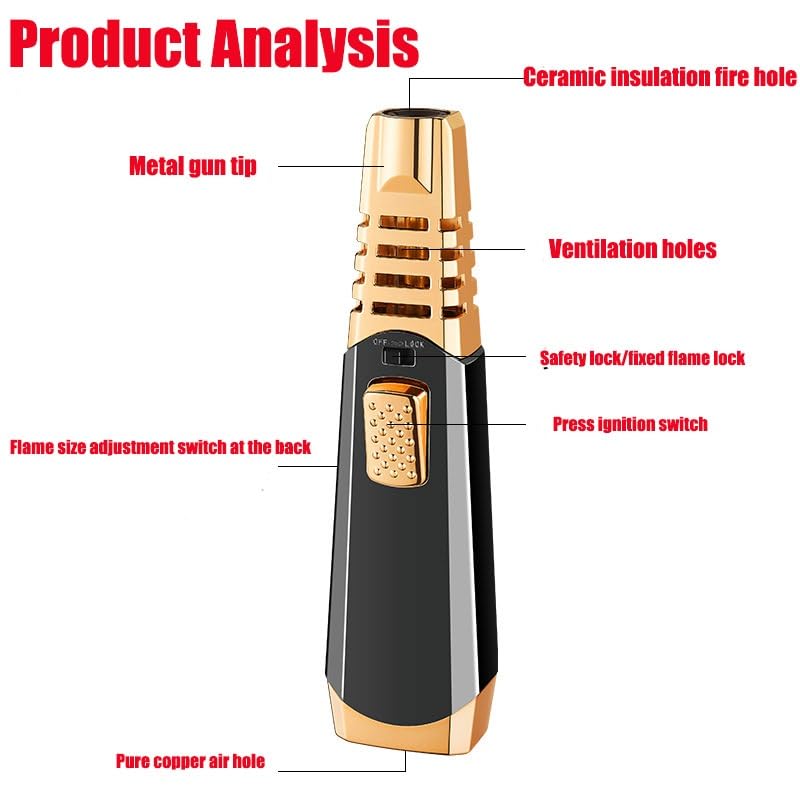 Briquet Torche, coupe-vent à flamme réglable, rechargeable au gaz butane pour cuisine, extérieur, camping, barbecue – Verrou de sécurité inclus