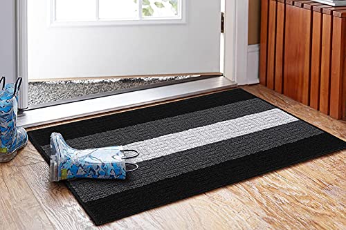 Aracon Indoor Doormat 20  x 32 Durable Waterproof Welcome Mats Rubber Backing Non-Slip Absorb Resist Dirt Machine Washable Doormats Boots Scraper Mats, for Entry Garage Patio Black Grey White Striped